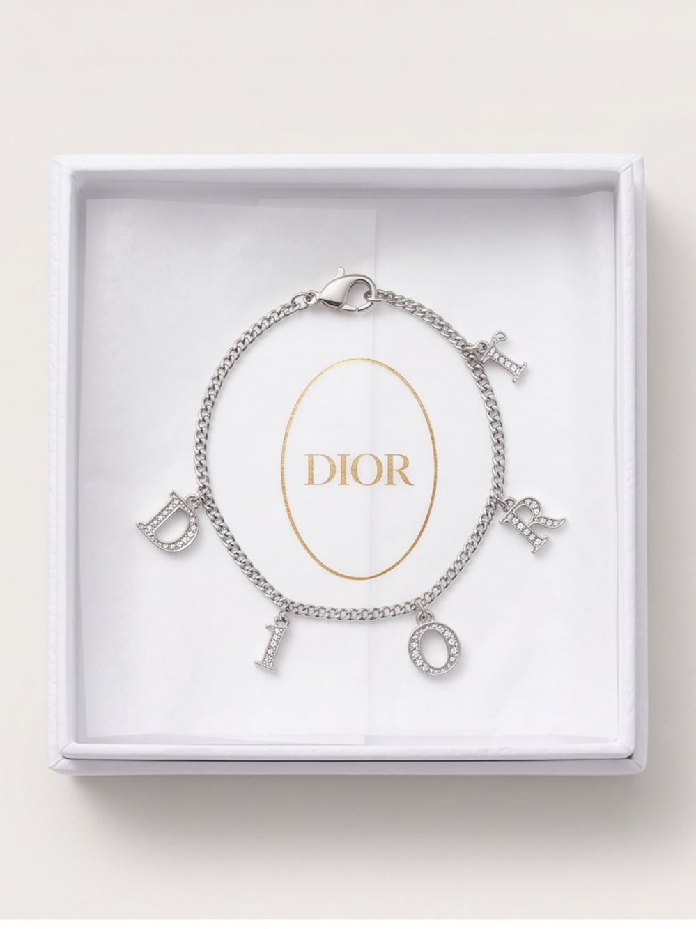 Dior Silver Crystal 'DIOR' Letter Charm Bracelet